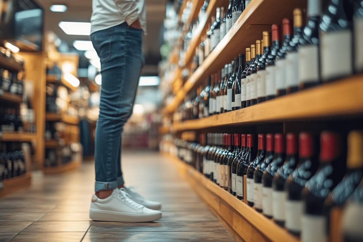 Vyras prie alkoholio lentynos