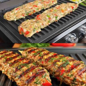Ant grotelių kepti maltos mėsos ir daržovių kebabai